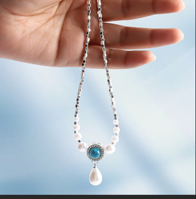 Ocean Blue Water Drop Pearl Necklace For Women